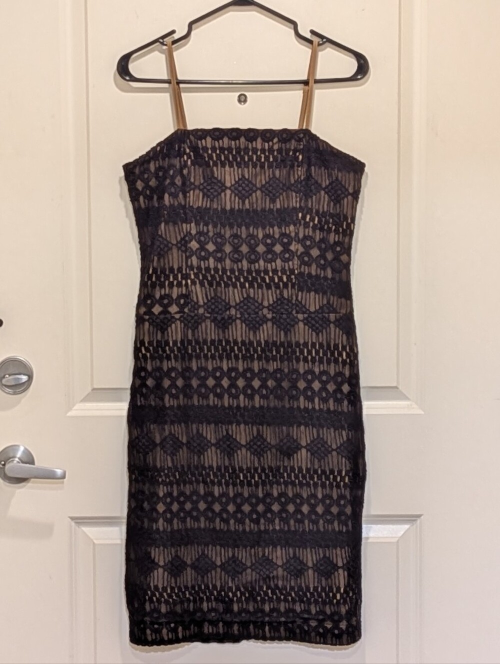 EUC Y2K Via Caruso M Brown Spaghetti Strap Pencil Dress with Black Lace Overlay